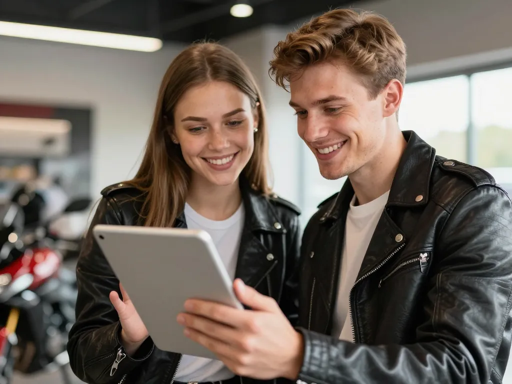 Un jeune couple souriant consulte une tablette dans un magasin de motos pour calculer ses aides au financement.