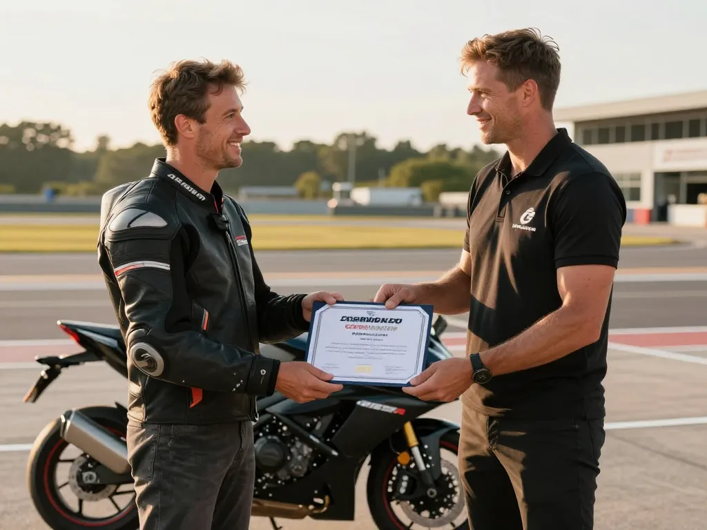 Un moniteur de moto-école remet une attestation de formation à un motard devant une grosse cylindrée sur un plateau d'entraînement.