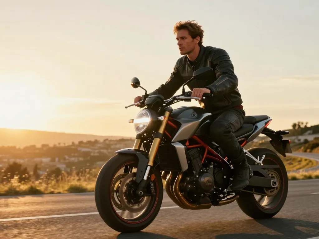 Motard circulant sur une route sinueuse en plein air lors d'un coucher de soleil doré, illustrant la sensation de liberté et de réussite.