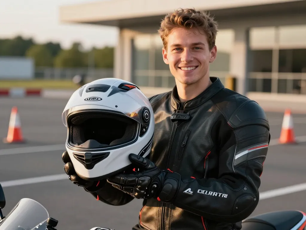 Jeune motard souriant tenant son casque intégral et portant des gants de protection homologués sur une piste de formation.
