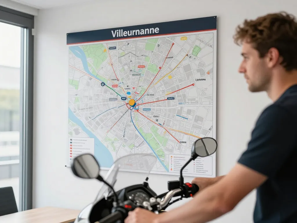Carte stylisée de Lyon avec les points d'implantation des agences de permis moto et un moniteur souriant dans les locaux de Villeurbanne.