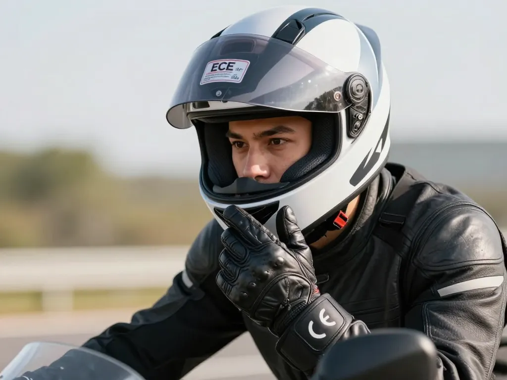Un motard portant un casque intégral homologué ECE et des gants de protection certifiés CE sur un plateau d'entraînement.