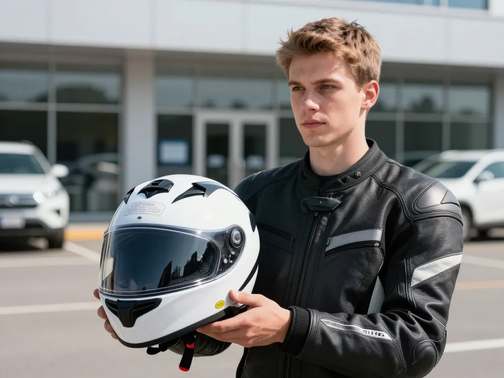 Candidat au permis de conduire présentant son casque intégral homologué avec bandes réfléchissantes avant l'épreuve.