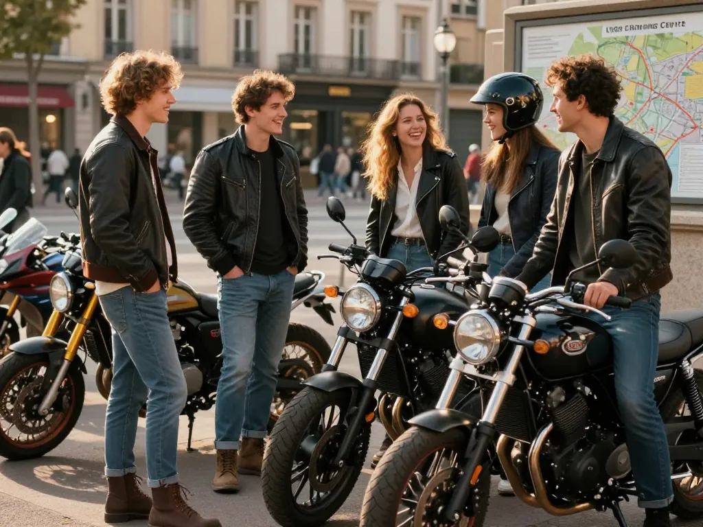 Groupe de jeunes motards passionnés discutant ensemble avec leurs motos dans une rue de Lyon sous une lumière de fin de journée.