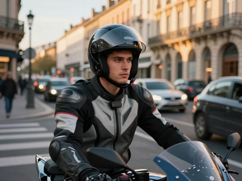 Jeune motard en pleine leçon de conduite urbaine dans les rues de Lyon pour l'obtention du permis moto A2.