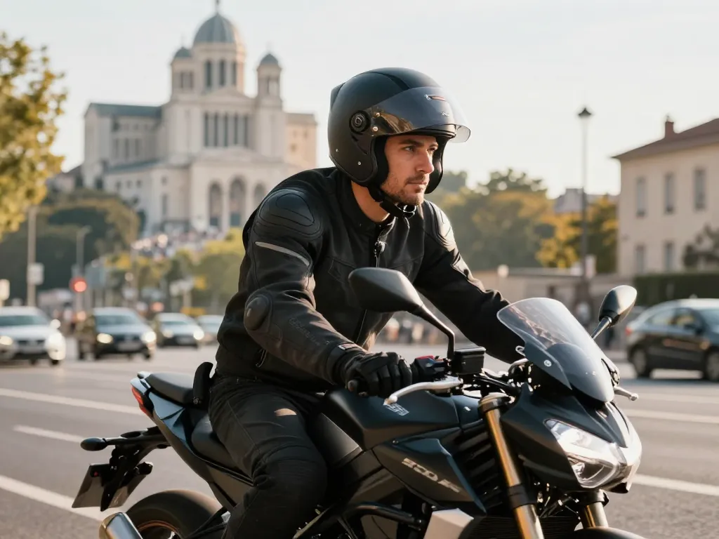 Un motard attentif portant un équipement de protection complet circulant en toute sécurité dans les rues de Lyon avec la basilique de Fourvière en arrière-plan.