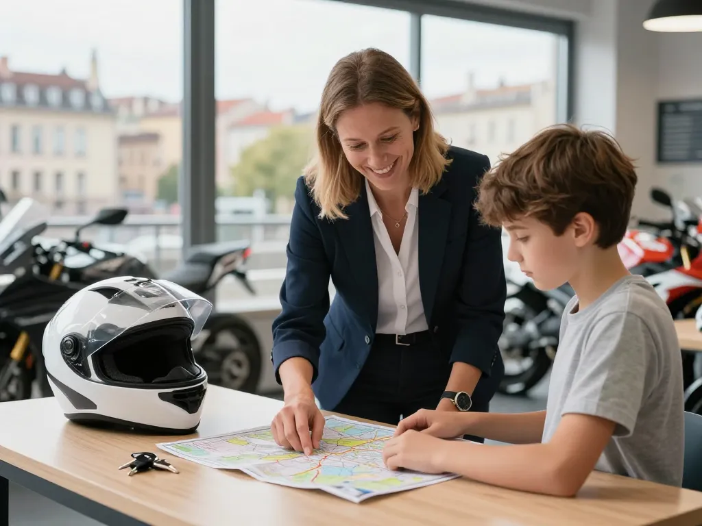 Une conseillère de moto-école explique le plan du quartier Gerland à Lyon à un futur conducteur de 125cm3.