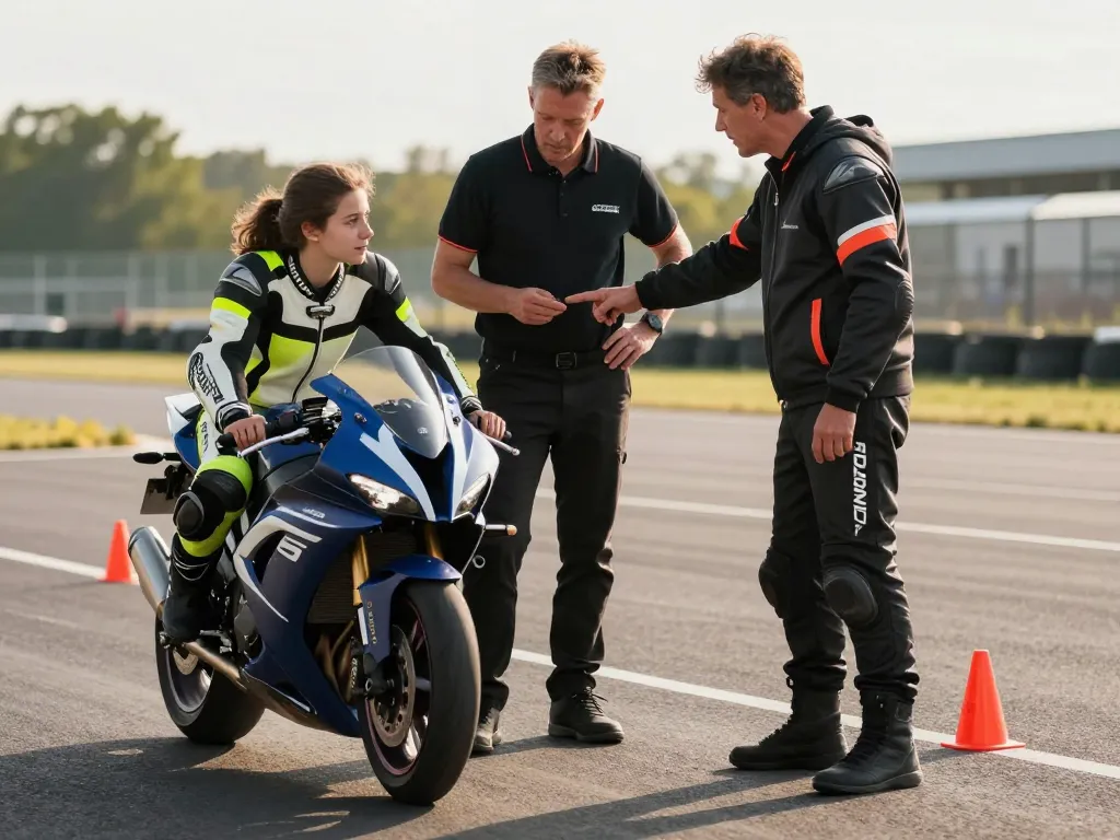 Un moniteur de moto professionnel prodiguant des conseils personnalisés à une élève sur une piste privée pour une formation rapide et efficace.