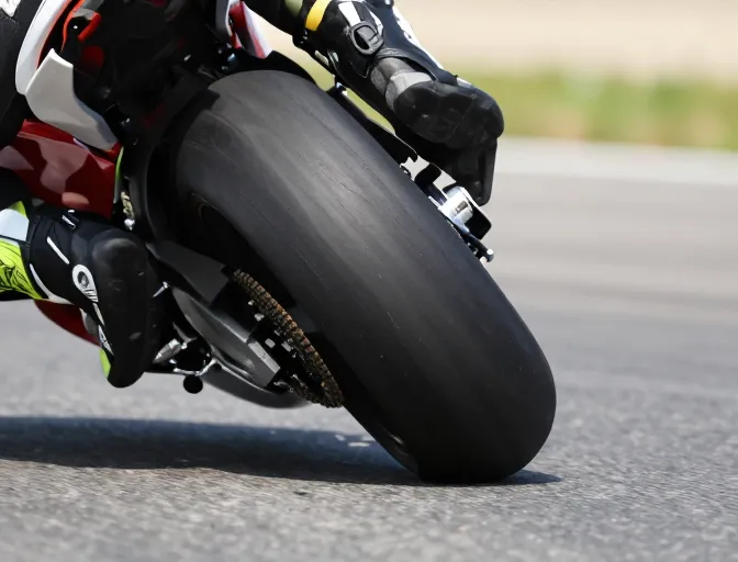 Gros plan technique d'un pneu de moto en virage montrant l'adhérence sur le bitume d'une piste d'entraînement.