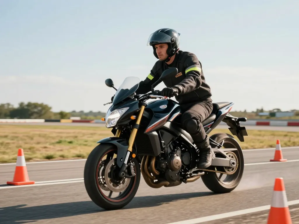 Un élève motard en plein exercice de plateau sur une piste privée ensoleillée pour sa formation au permis moto.