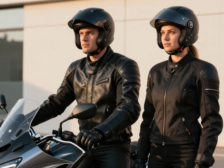 Un homme et une femme portant l'équipement de protection complet avec casque, gants et veste homologuée à côté d'une moto.