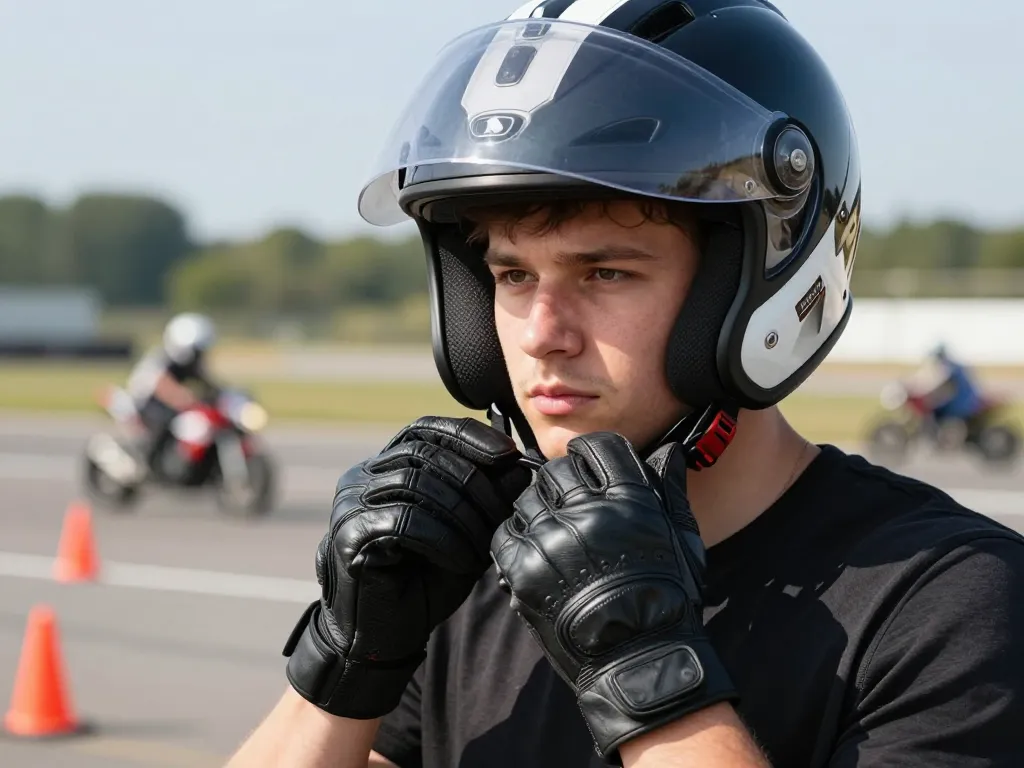 Un élève motard ajustant son casque et ses gants de sécurité sur la piste d'entraînement privée de Dardilly.