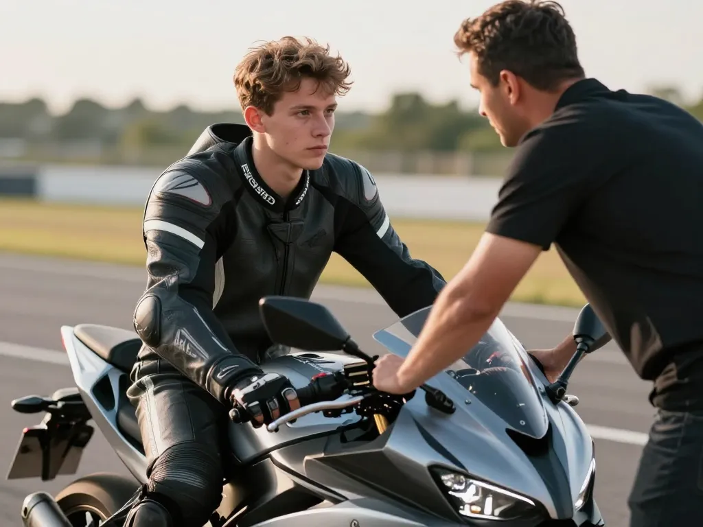 Jeune motard concentré lors de son évaluation initiale de conduite sur un plateau de formation.