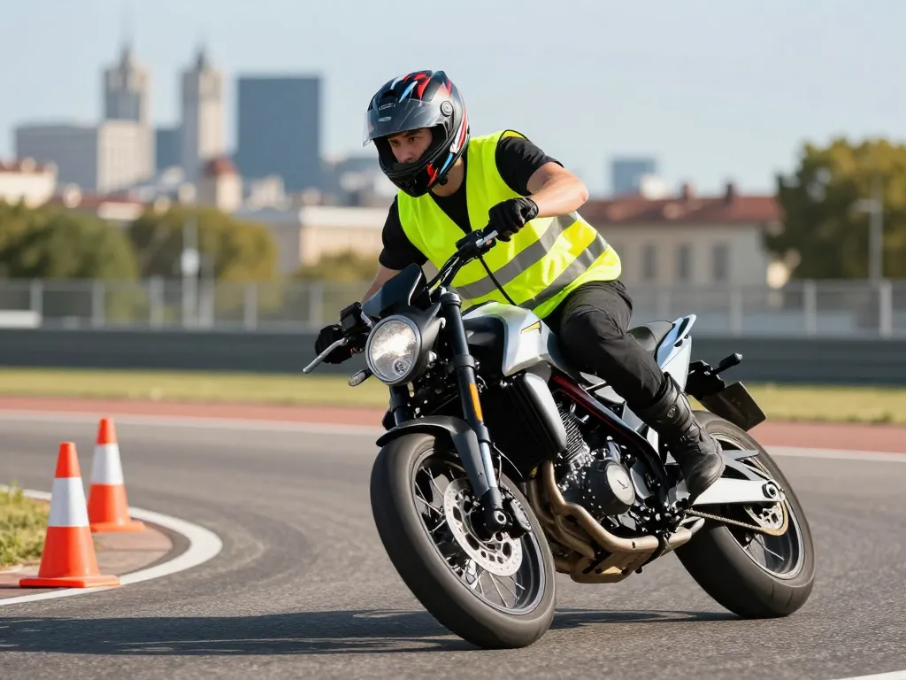 Jeune motard en plein exercice technique sur un plateau d'entraînement avec vue sur Lyon, portant un équipement de protection complet et un gilet de sécurité.