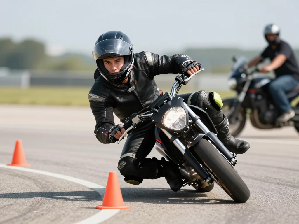 Candidat à moto effectuant un parcours technique entre des plots lors d'un examen blanc du plateau.