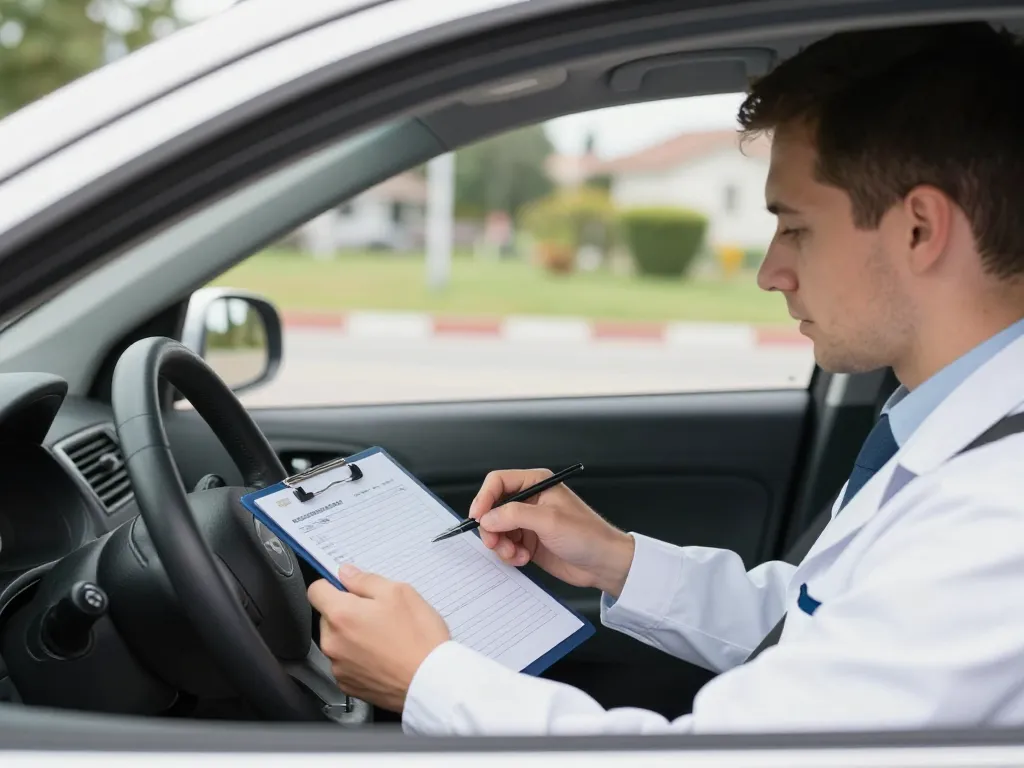 Un inspecteur du permis de conduire évaluant une candidate stressée à l'intérieur d'une voiture d'auto-école lors d'une faute éliminatoire.