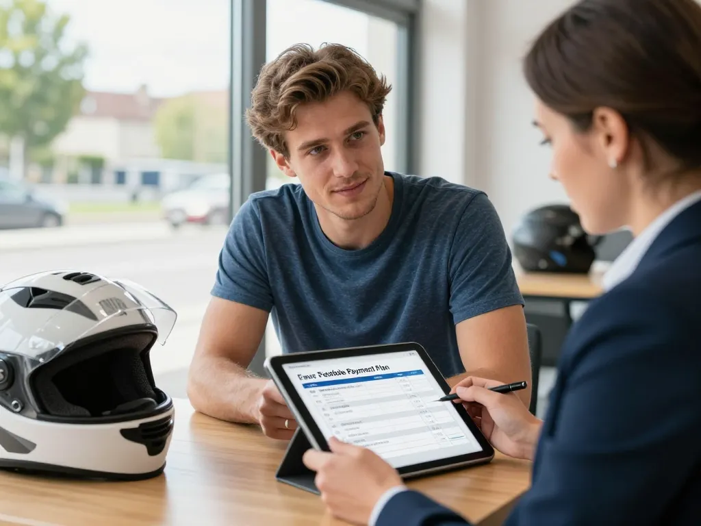 Un futur motard et une conseillère souriante examinent un plan de financement sur tablette dans une auto-école moderne à Lyon.