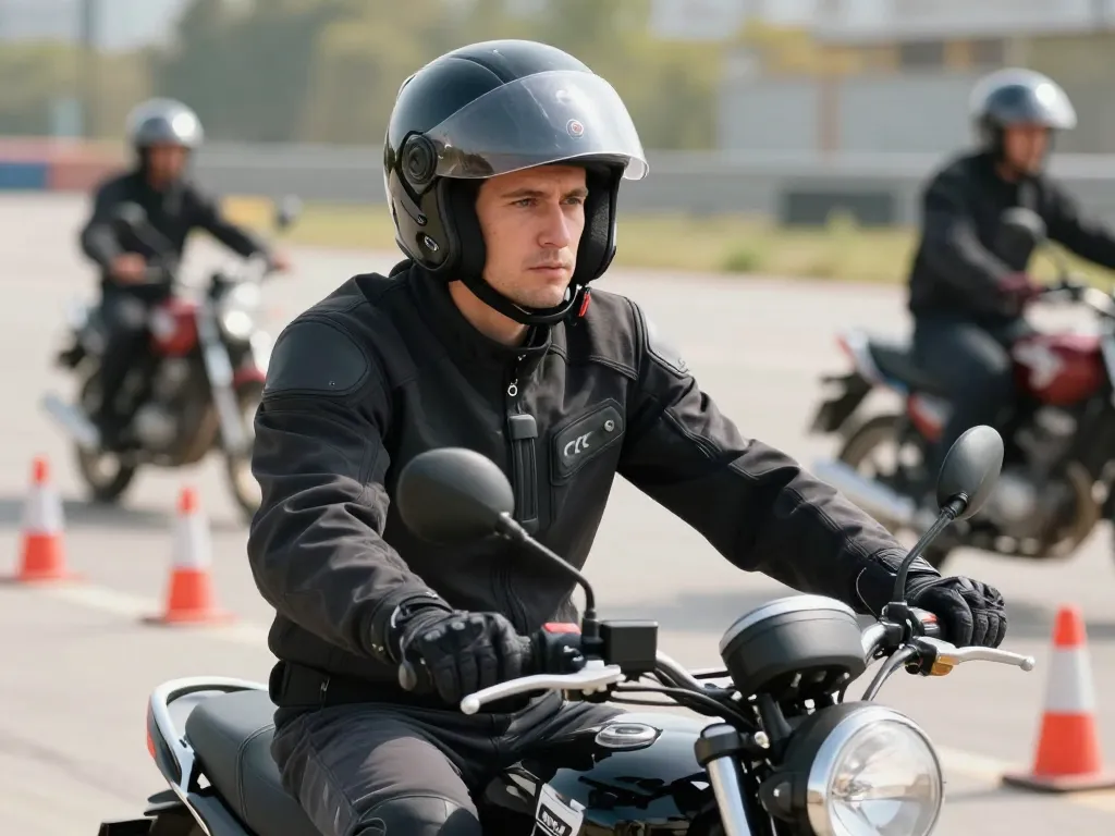 Conducteur en formation sur une moto 125cc portant un équipement de protection complet sur une piste d'auto-école.