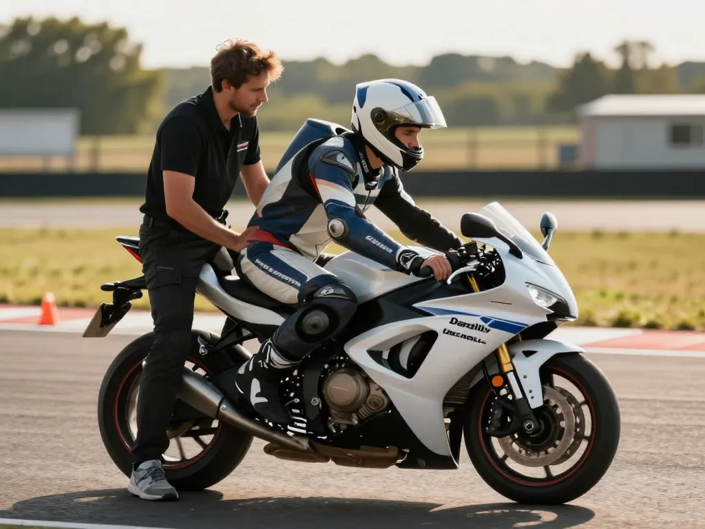 Un élève motard s'exerçant avec son moniteur sur une piste privée à Lyon pour un suivi personnalisé du permis moto.