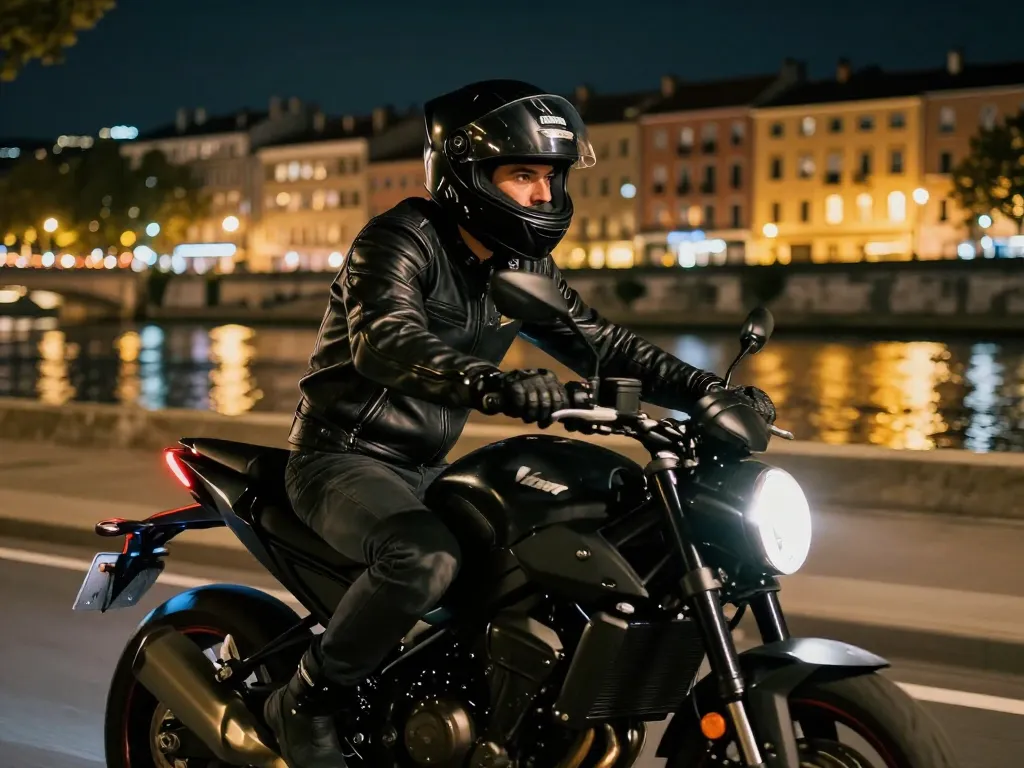 Motard en pleine conduite nocturne sur les quais du Rhône à Lyon avec les reflets des lumières de la ville sur l'eau.