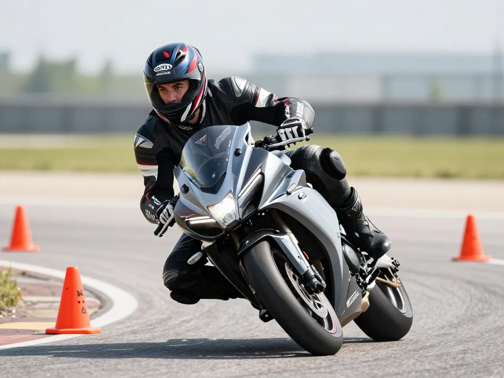 Élève motard en plein exercice de maniabilité entre des cônes sur une piste de formation pour le permis A2.