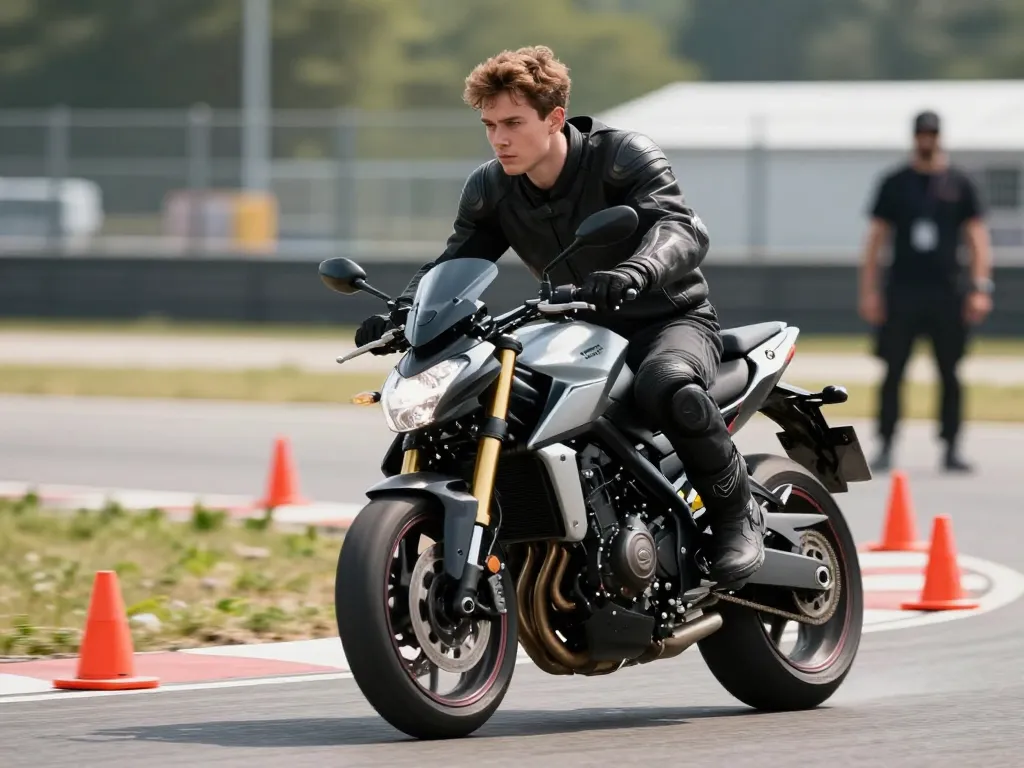 Un futur motard en plein exercice de maniabilité sur un plateau d'entraînement pour obtenir son permis moto rapidement.