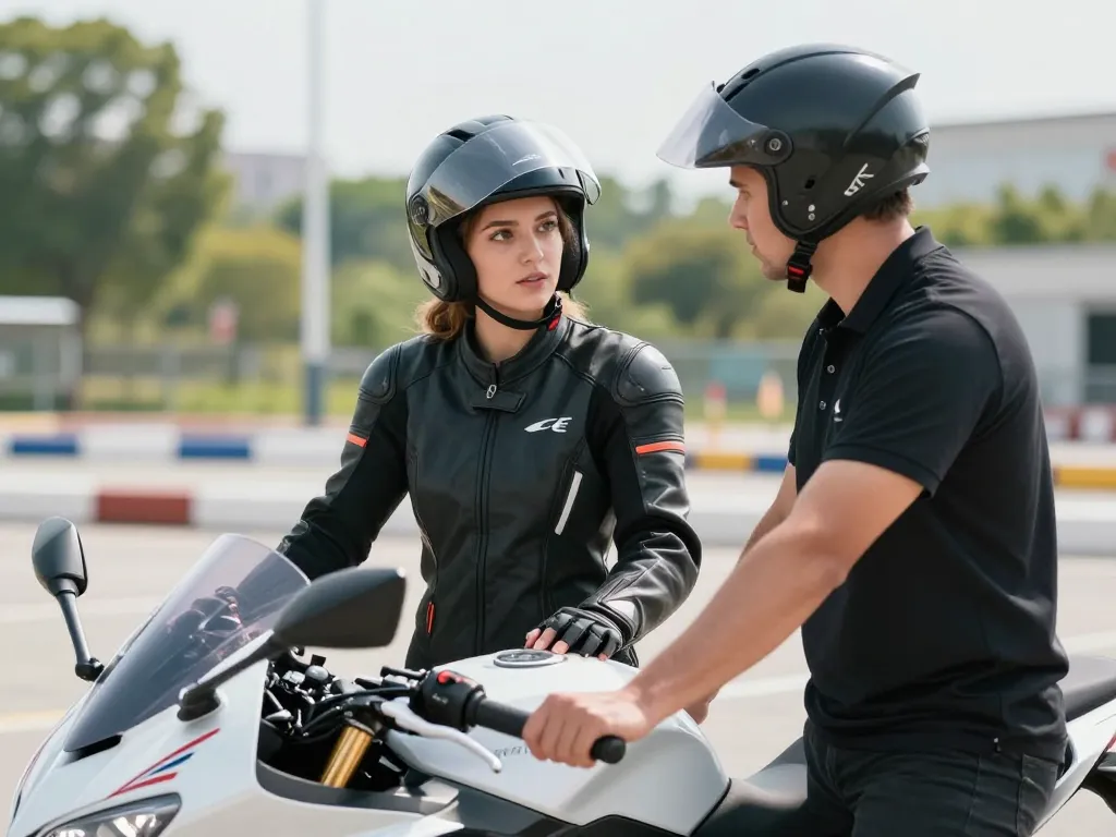 Une élève et son moniteur d'auto-école en tenue de protection complète devant une moto-école sur un plateau d'entraînement.