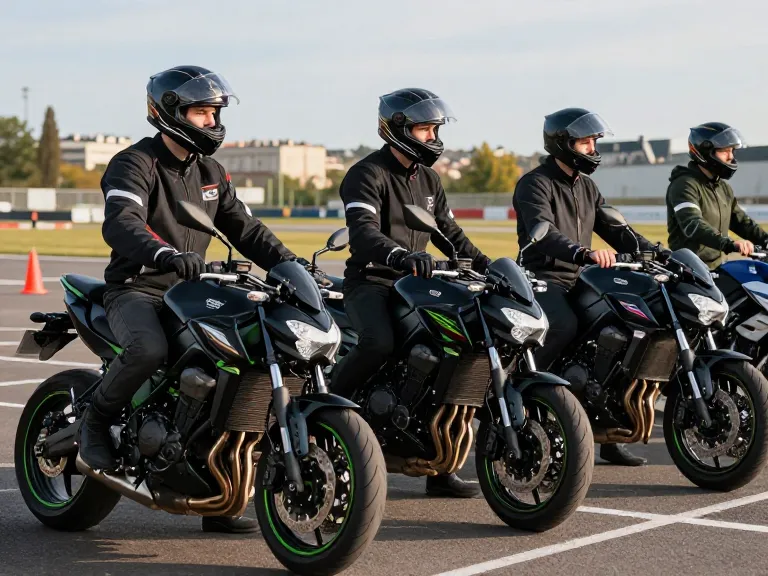Groupe de motards en formation sur une piste privée à Lyon portant l'équipement de sécurité obligatoire devant des motos Kawasaki Z650.