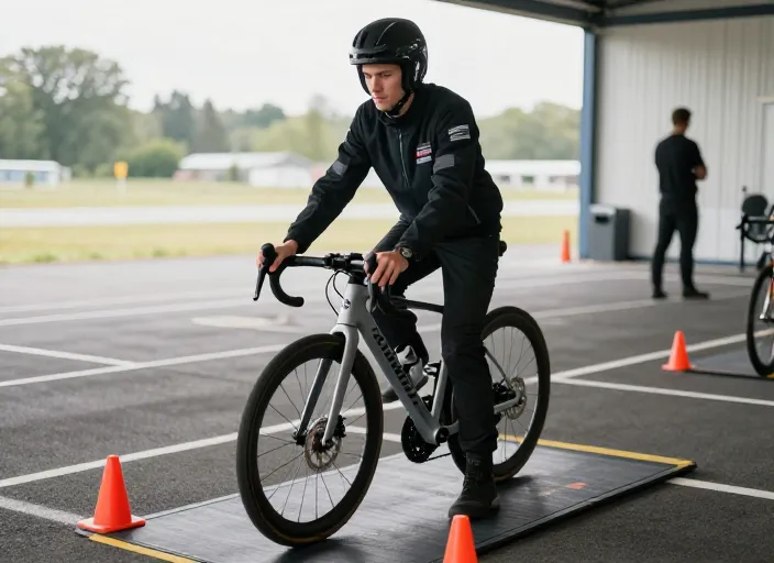 Jeune conducteur en apprentissage sur une piste d'examen moto dans le Grand Lyon avec son moniteur.