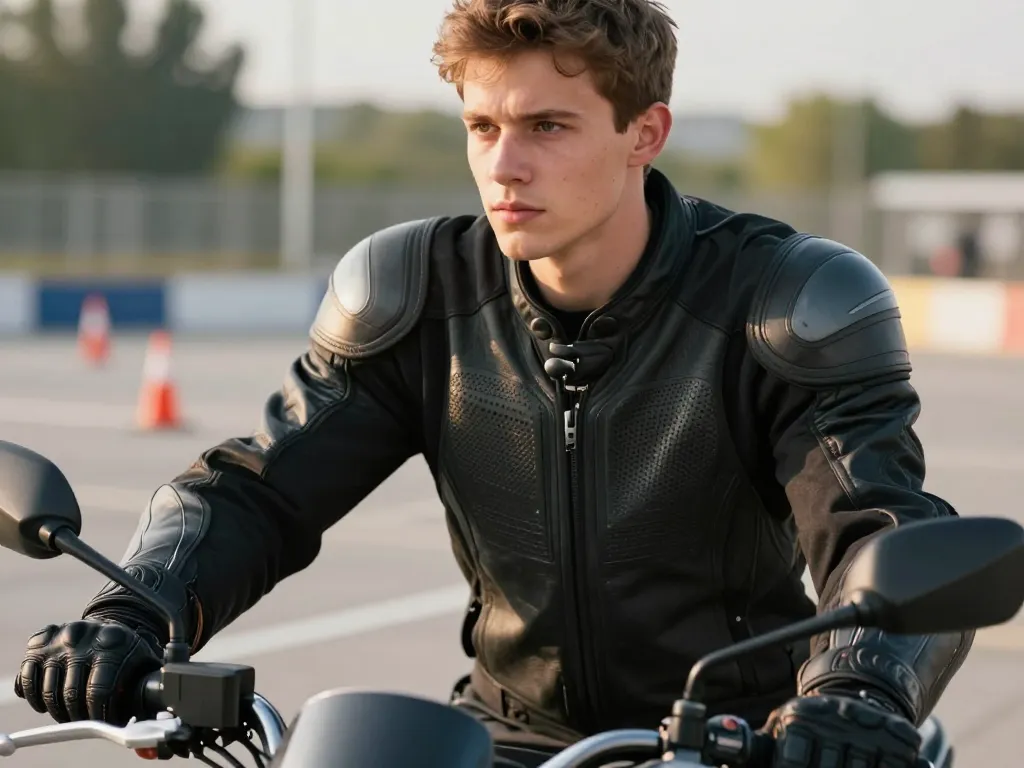 Motard portant des gants certifiés CE et un blouson de protection renforcé pour l'épreuve du permis moto.