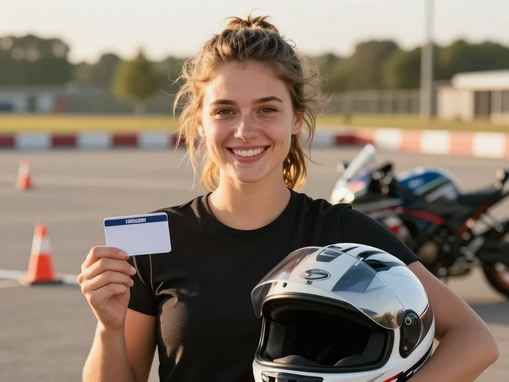 Portrait d'une jeune femme souriante en équipement de moto tenant son casque après avoir réussi son permis accéléré sur un plateau d'entraînement.