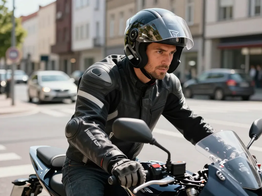 Un motard en équipement de protection effectue un contrôle visuel à une intersection urbaine pour gérer les priorités.