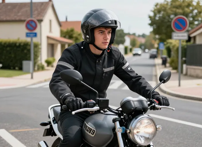 Candidat concentré sur sa moto lors d'une épreuve de conduite à un carrefour routier dans le Rhône.