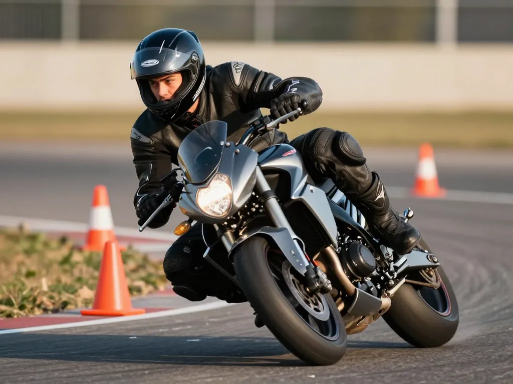 Un élève motard pratiquant une manœuvre de freinage d'urgence sur une piste d'entraînement balisée par des plots.