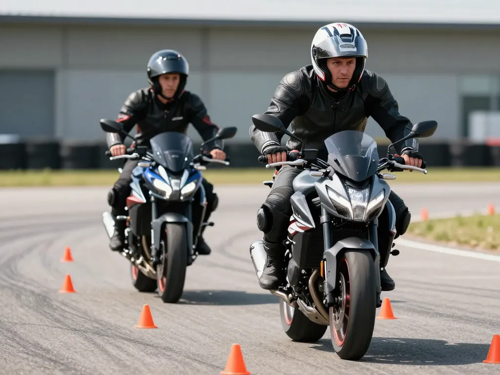 Moniteur et élève en plein exercice de maniabilité et d'équilibre à moto à basse vitesse sur une piste d'entraînement avec des plots orange.
