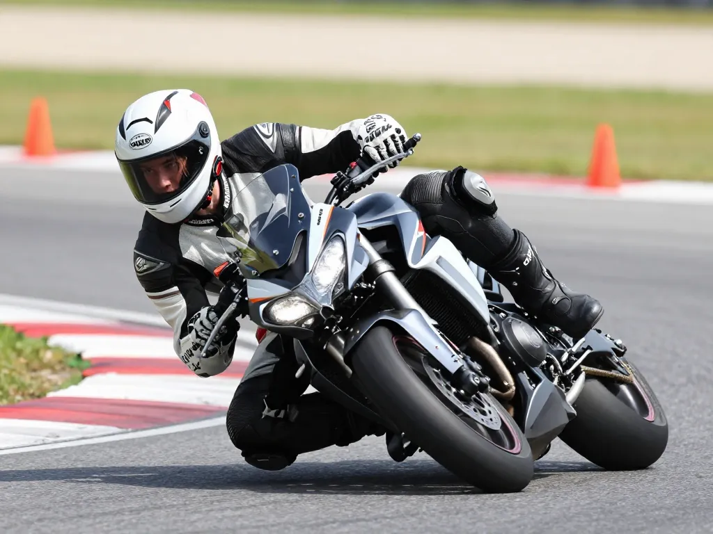 Candidat à l'examen du permis moto effectuant un contrôle visuel de l'angle mort lors d'une manœuvre de précision sur un plateau technique.