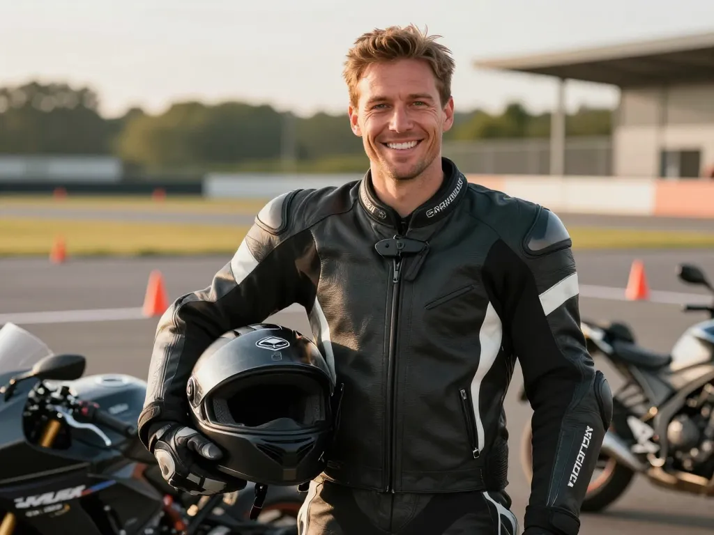 Portrait de Marc, un jeune homme lyonnais souriant tenant son casque sur un plateau d'entraînement après sa réussite au permis moto accéléré.