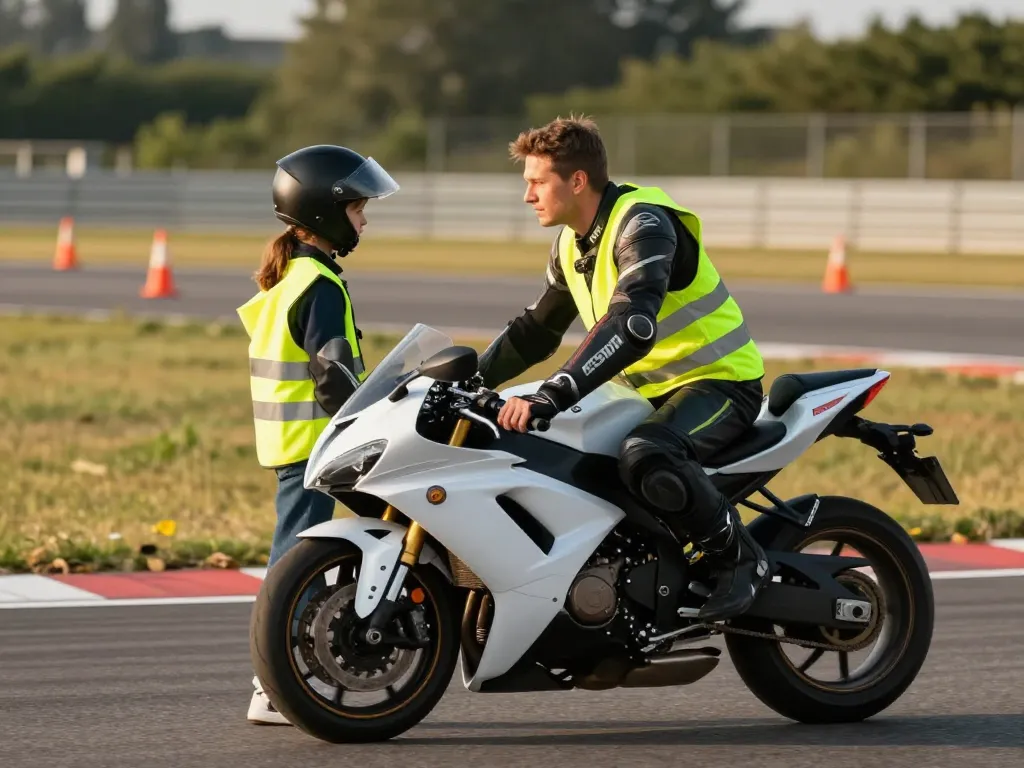Un moniteur de moto diplômé encadrant un élève lors d'un cours particulier sur une piste d'entraînement sécurisée à Dardilly.