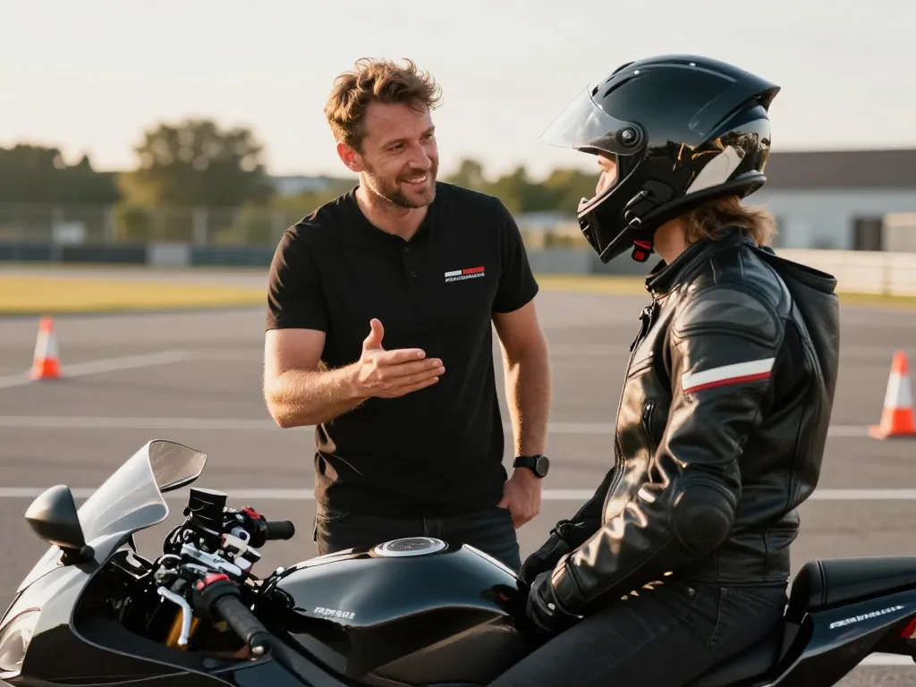 Moniteur de moto souriant encourageant un élève sur une piste de formation privée à Dardilly.