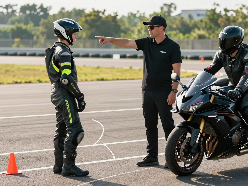 Moniteur de moto montrant une trajectoire à un élève sur un circuit d'entraînement avec des cônes de signalisation.