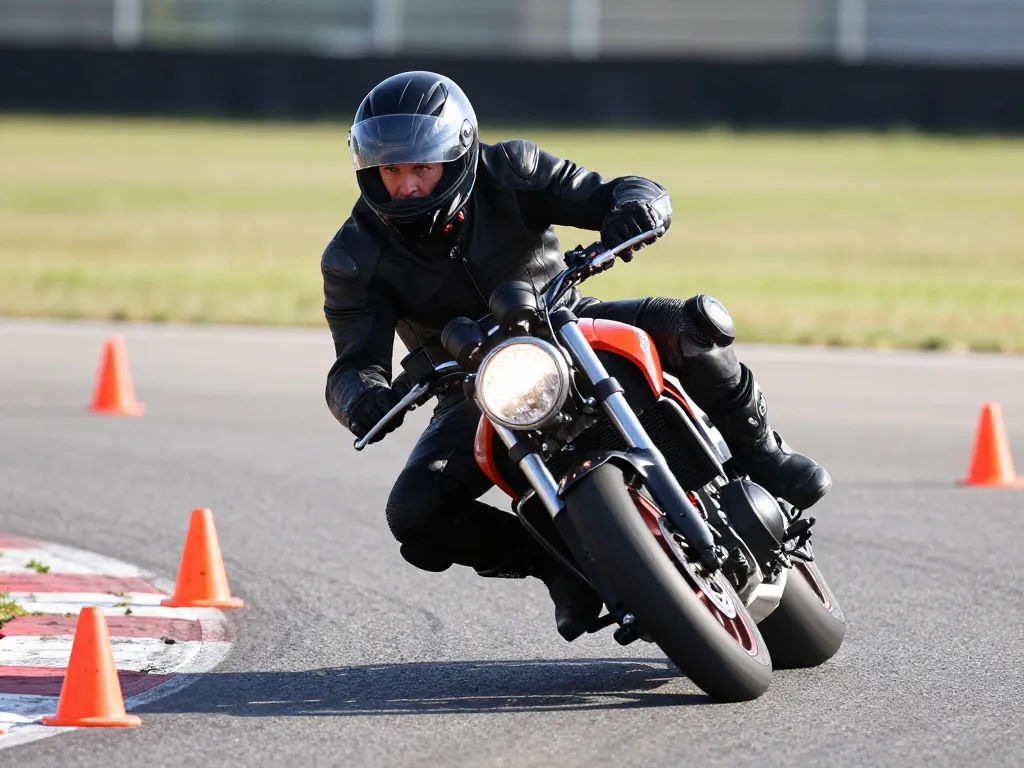 Motard en plein virage technique sur une piste d'entraînement privée avec plots orange et équipement de sécurité complet.