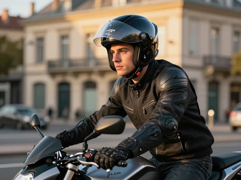 Jeune motard portant un casque et des gants neufs circulant en plein cœur de Lyon pour illustrer la mobilité urbaine.
