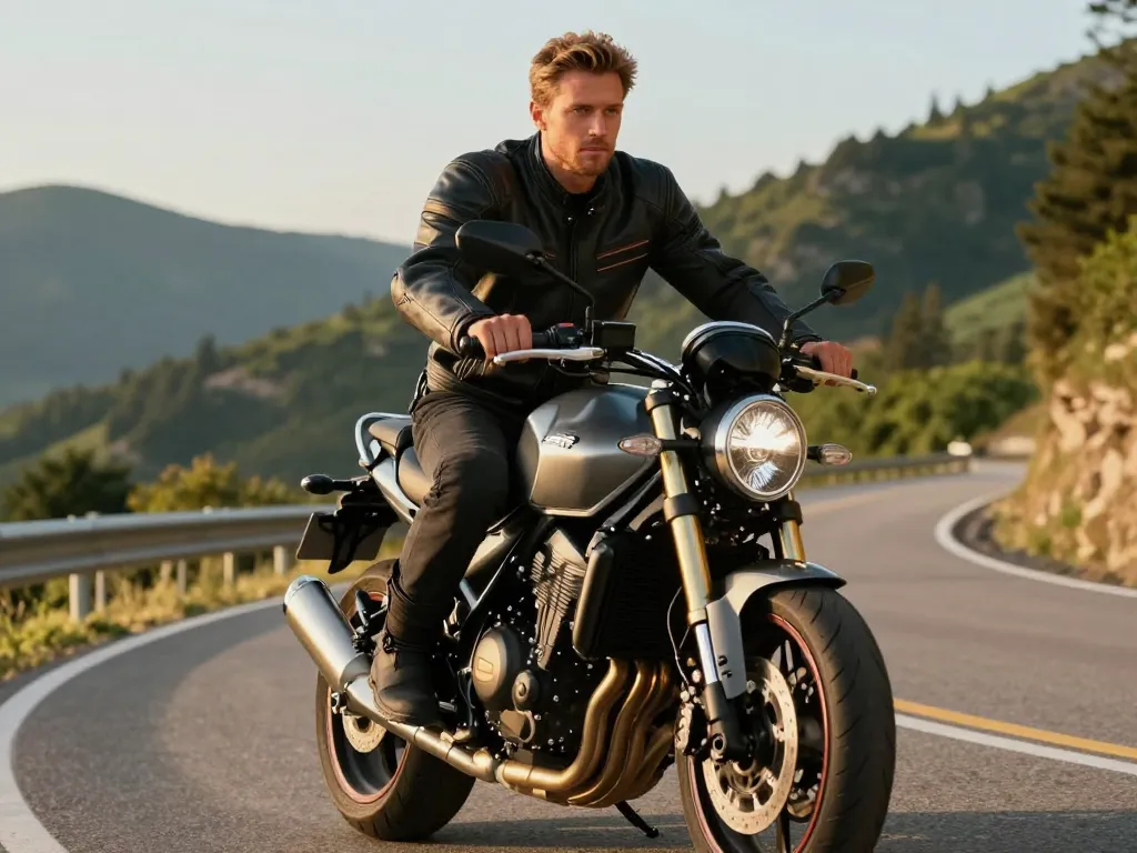 Motard souriant au guidon d'une moto puissante sur une route de montagne sinueuse lors de sa formation passerelle A.