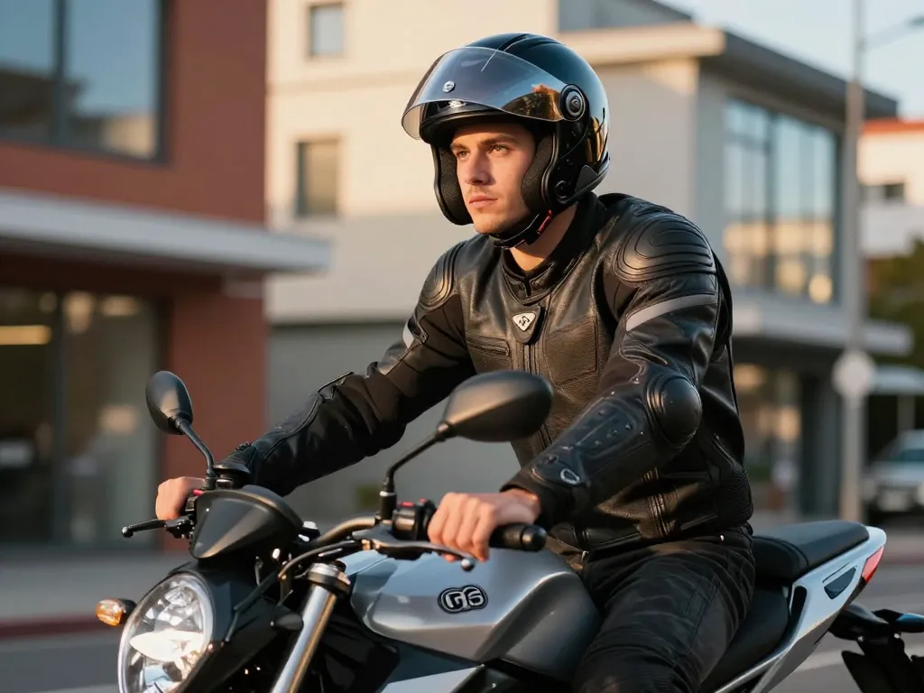 Jeune motard portant un équipement de protection complet sur une moto 125cc en plein cœur d'une ville moderne.