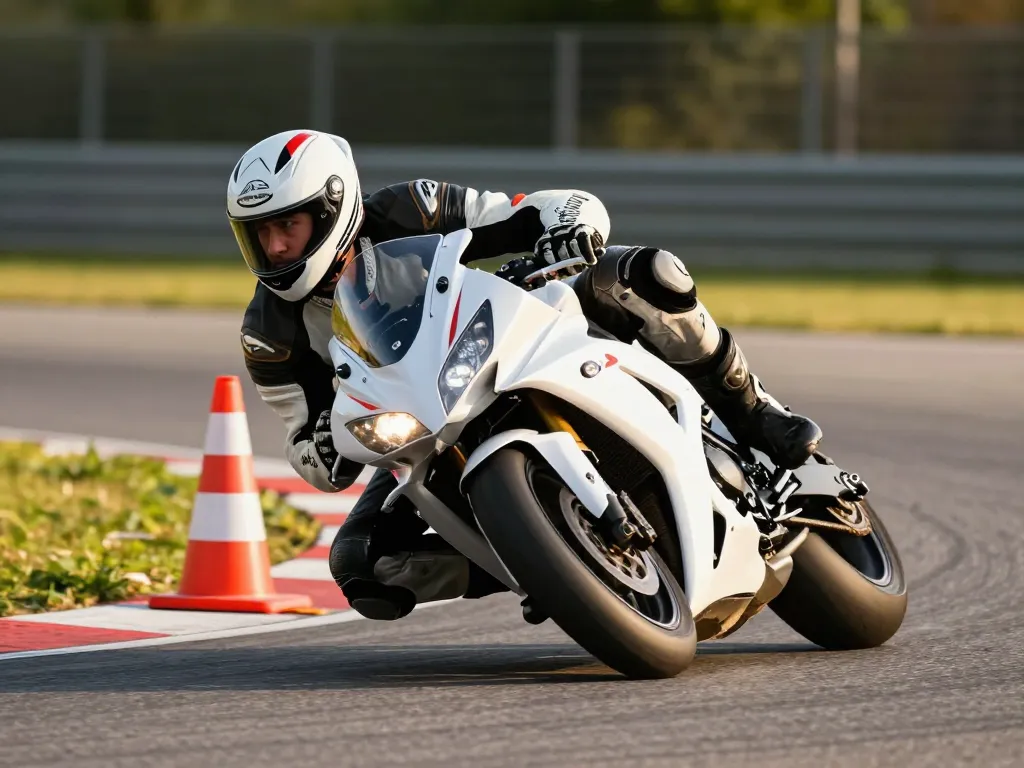 Motard en pleine maîtrise de l'inclinaison de sa moto lors d'une séance de formation sur la piste privée de Dardilly.