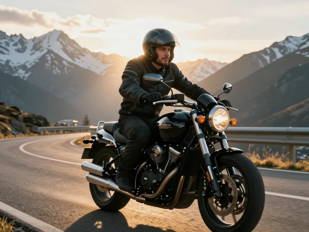 Motard en plein virage sur une route de montagne au lever du soleil, symbolisant l'accès à la pleine puissance du permis A.