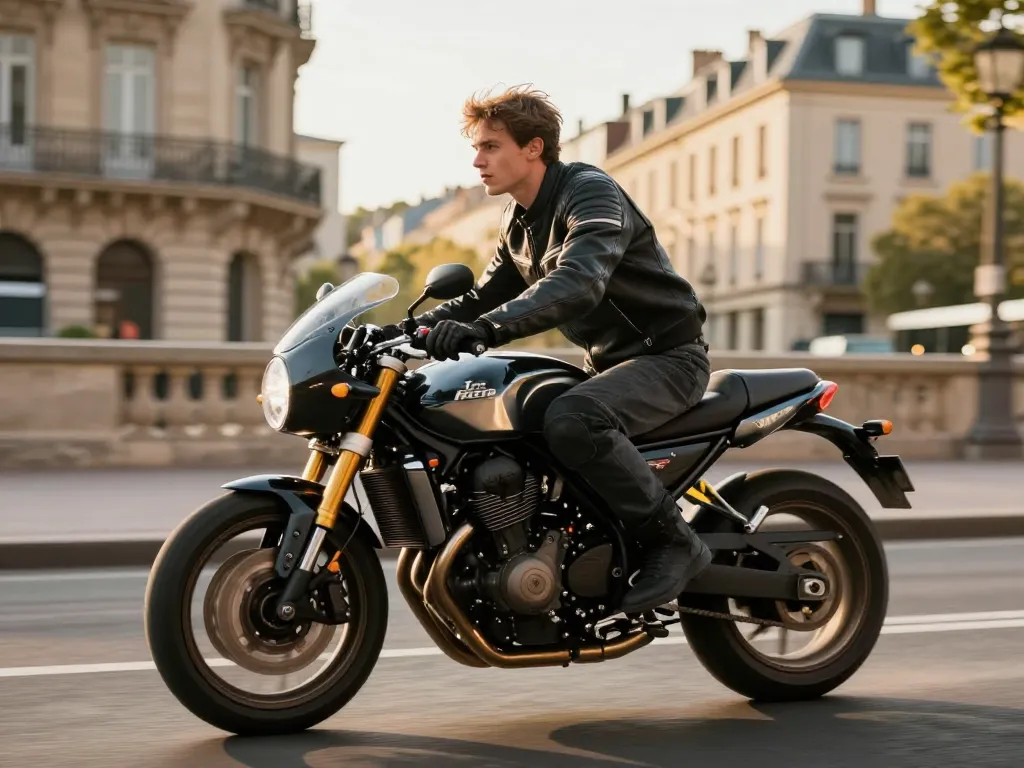 Jeune homme dynamique pilotant une moto roadster sur une grande avenue lyonnaise lors de la fin de journée.