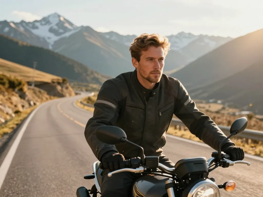Motard en plein virage sur une route de montagne avec un paysage panoramique de sommets enneigés sous un soleil de fin de journée.