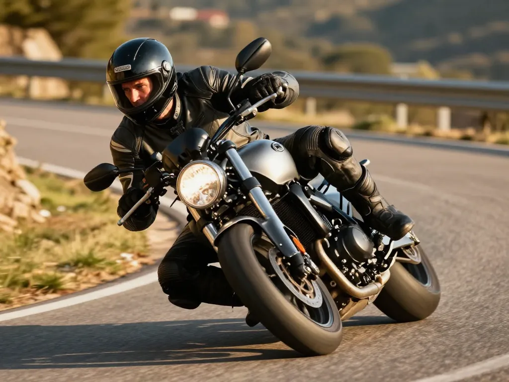 Motard expérimenté prenant un virage incliné sur une route de montagne sinueuse au coucher du soleil.