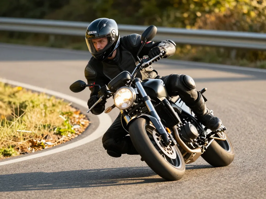 Jeune motard portant un équipement de protection complet circulant de manière dynamique sur une moto 125cc en pleine courbe.